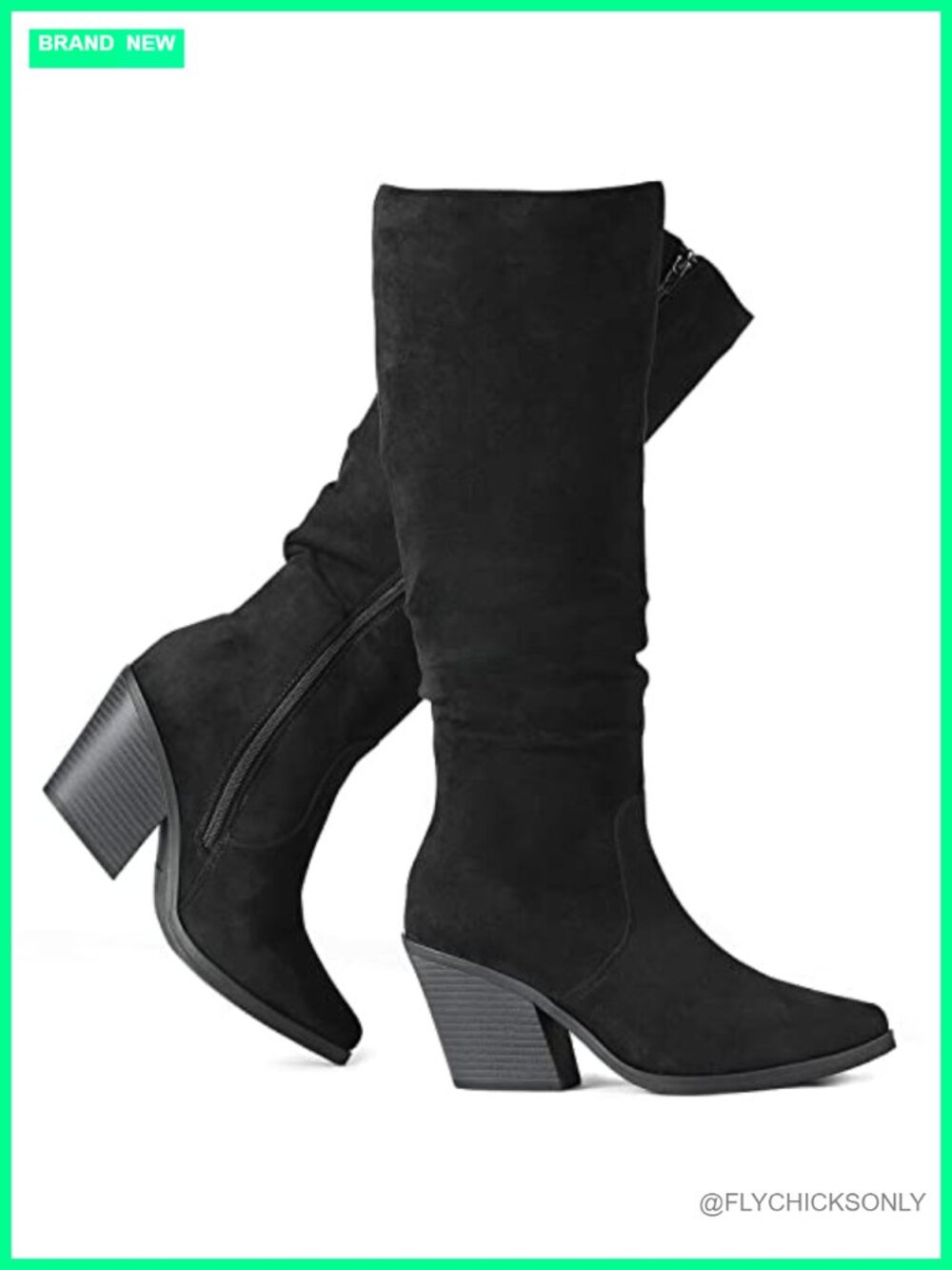 Faux Suede Knee High Boots Slouch Tall Chunky Heel Side Zip Pointed Toe